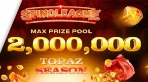 Изображение, рекламирующее турнир Spinoleague Topaz Season в 7K Casino с призовым фондом в 2 миллиона евро на фоне огненной сцены.