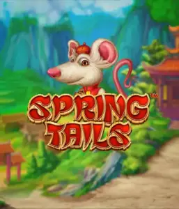 A charming illustration of a white rat wearing a red traditional Chinese outfit positioned in front of a picturesque mountain backdrop. The image promotes the Spring Tails Slot by Betsoft, highlighted with prominent red and gold logo text.