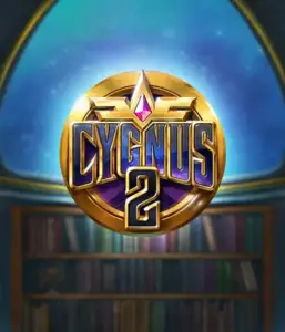 Explore the enchanting artwork of Cygnus 2 Slot by ELK Studios, showcasing a stunning emblem with a shining purple and gold design. Positioned against a mystical library setting, this image evokes the spirit of exploration and mystery. 